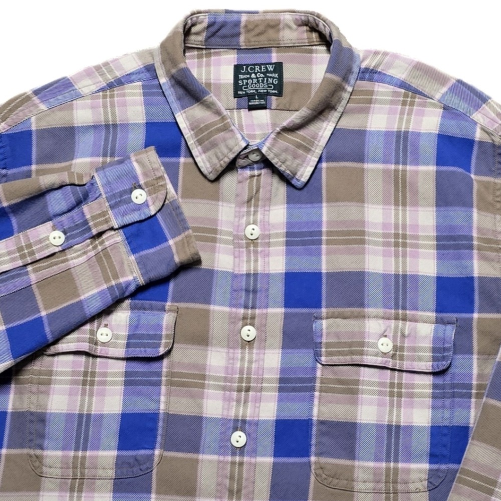 Vintage J Crew Sporting Goods Flannel Shirt Mens L‎ Blue Pink Plaid Work Twill